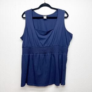 Venus Navy Blue Top Womens 2X Square Neck Cotton Breathable Stretch Smocked